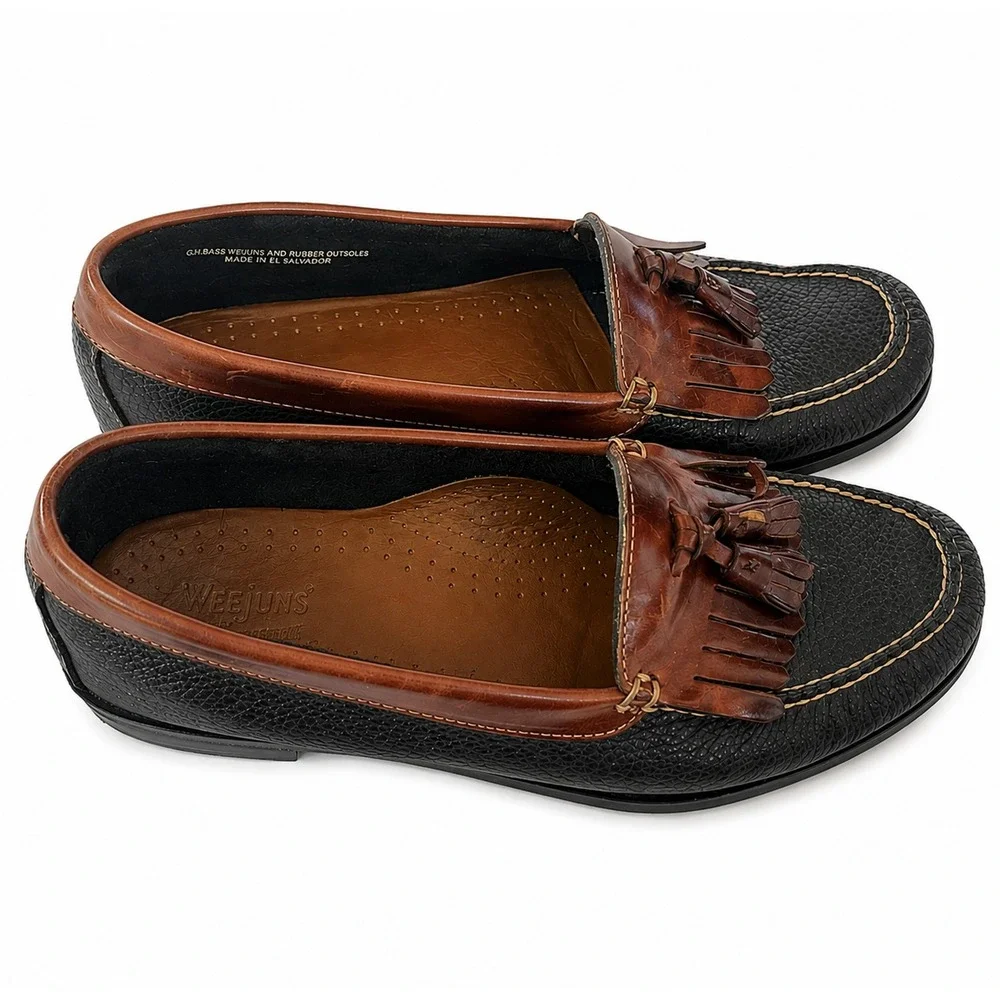 Bass Weejuns Kiltie Tassel Loafers Men 9.5 Black Brown Pebbled Leather Slip On